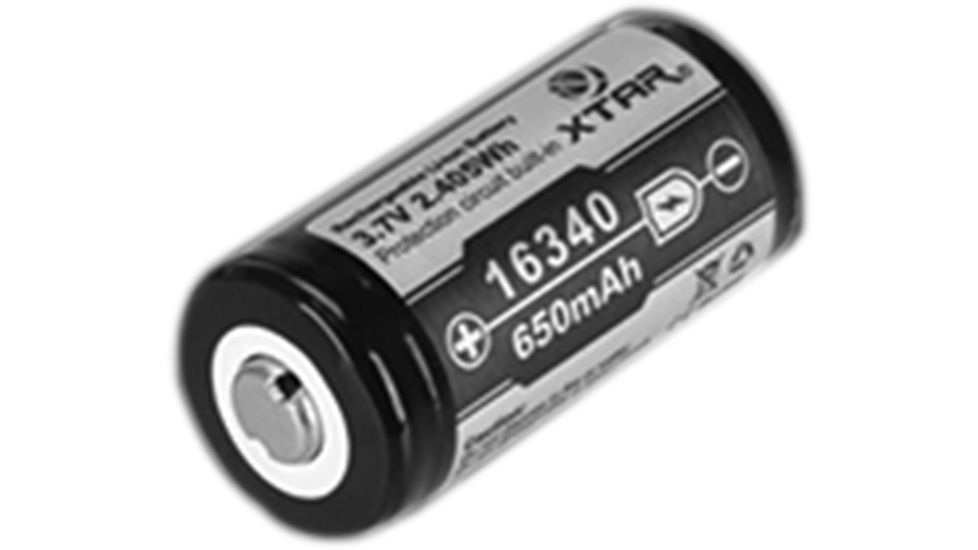 XTAR 16340 Protected Lithium Ion Button Top Battery, Black, XTAR-16340-650MAH