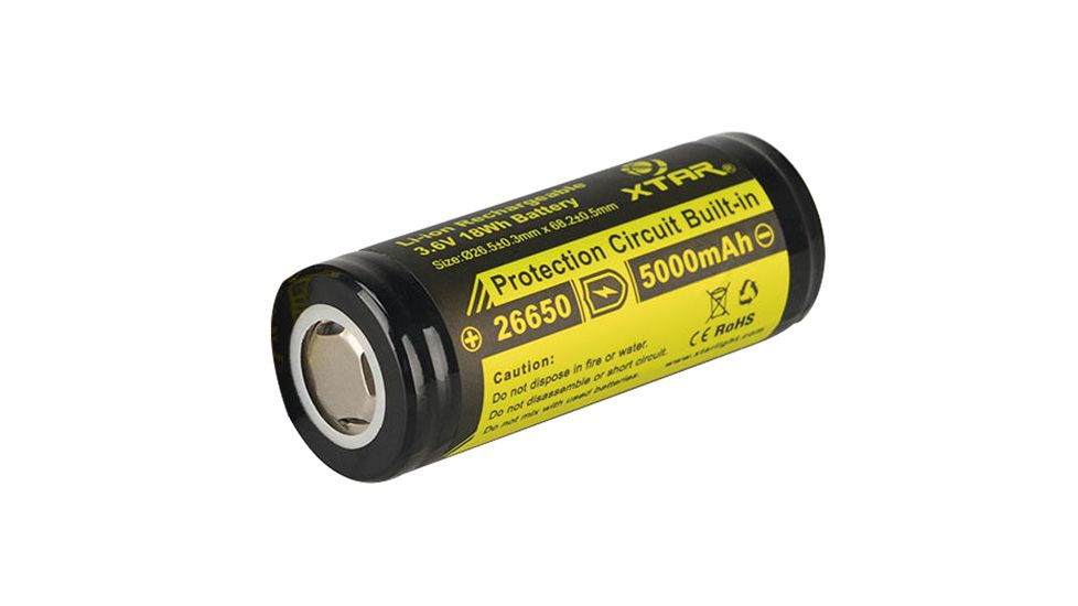 XTAR 26650 5000 mAh 3.6V Protected Lithium Ion Li-ion Flat Top Battery, Black, AB001029